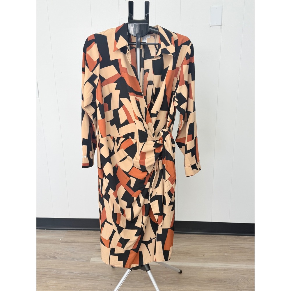 London Times Wrap Dress Women 18W Tan Orange Black Excellent Geometric Print